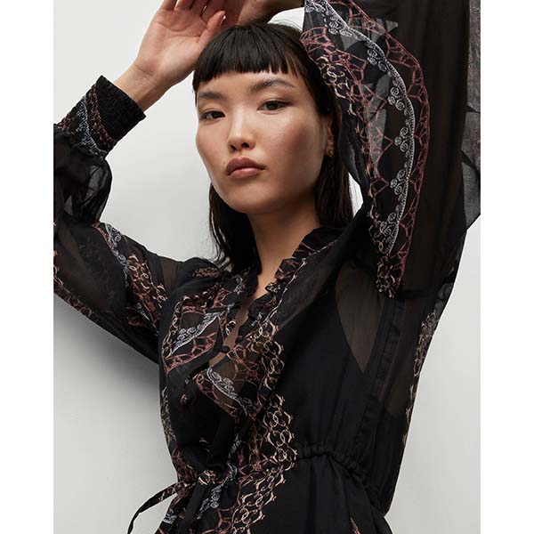Allsaints Australia Womens Nisha Leticia Silk Blend Midi Dress Black/Multi AU28-132